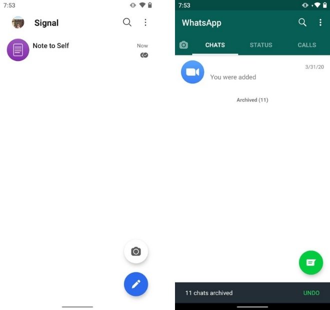 Interface do Signal e WhatsApp