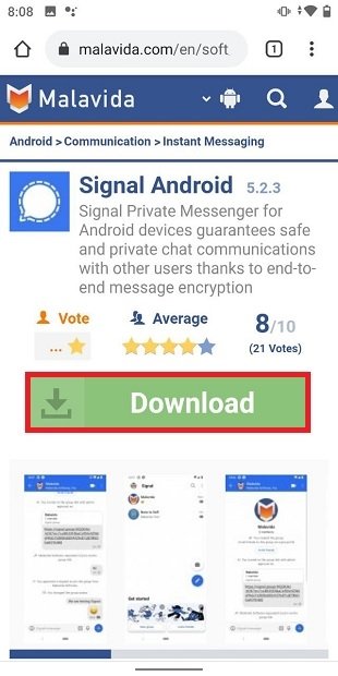Ficha de download do Signal em Malavida