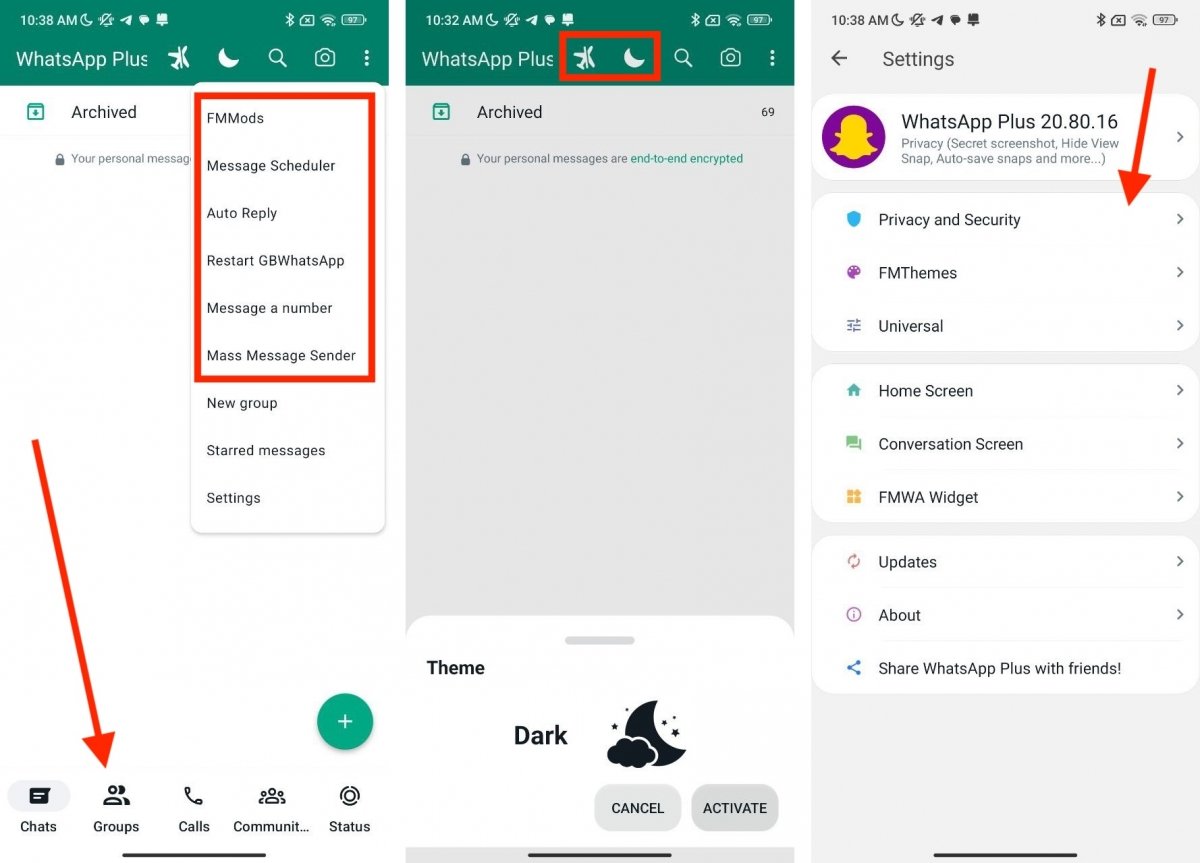 Some of the most important options available in WhatsApp Plus