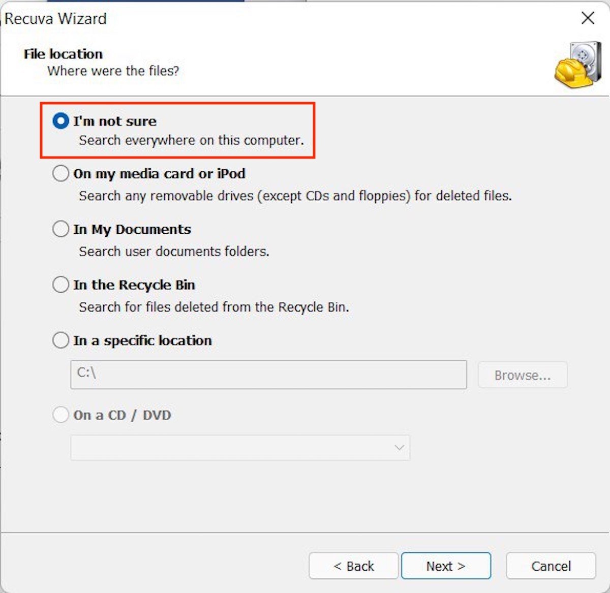 Specify the location where you want Recuva to search for deleted files