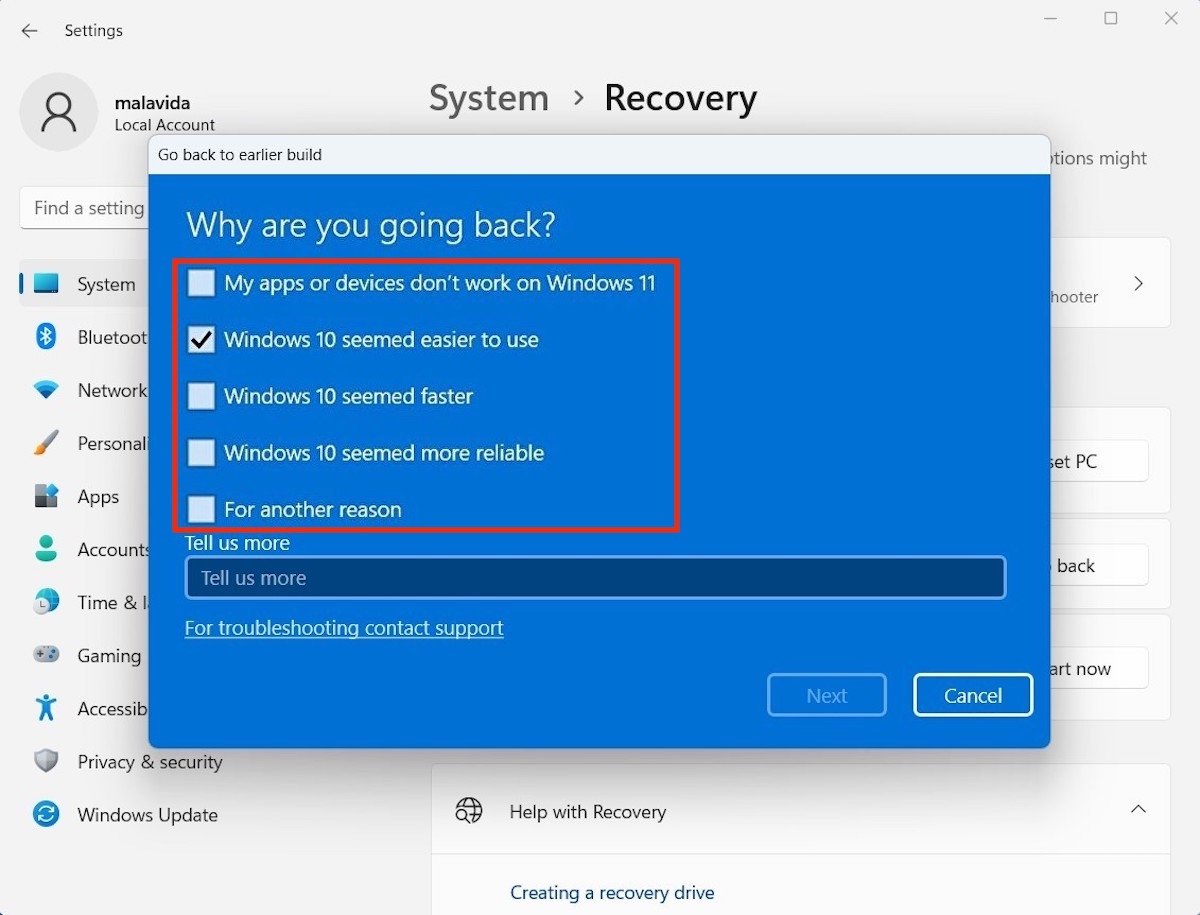 Indiquer pourquoi vous voulez revenir à Windows 10