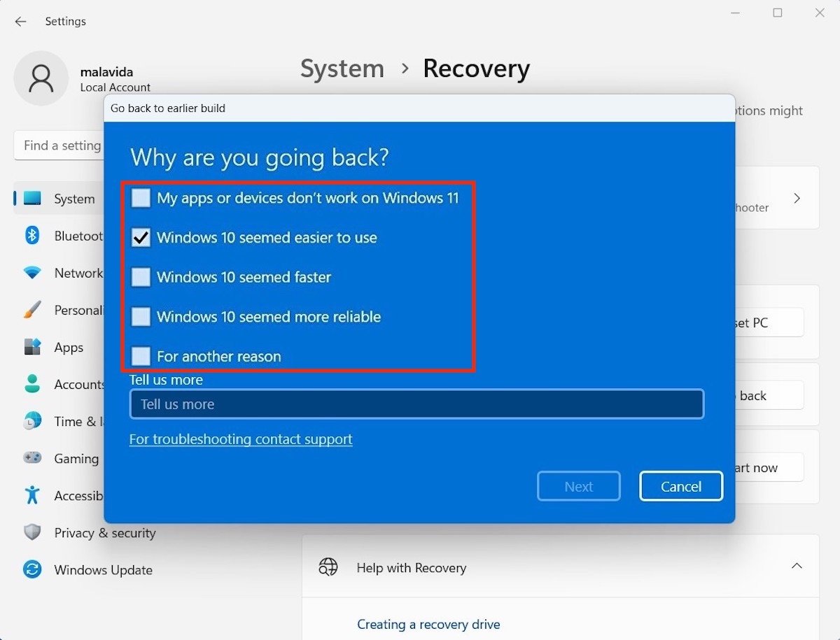 Especificar por qué quieres volver a Windows 10