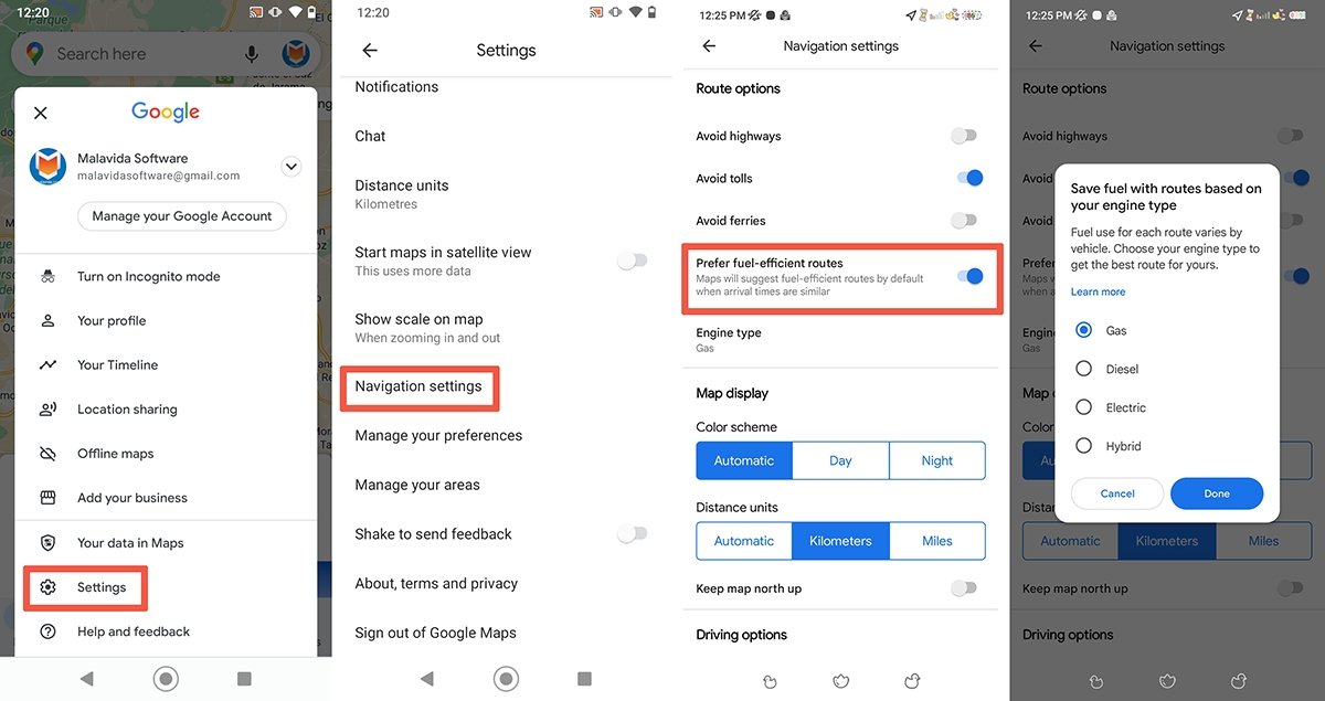 Steps to activate eco-friendly routes in Google Maps