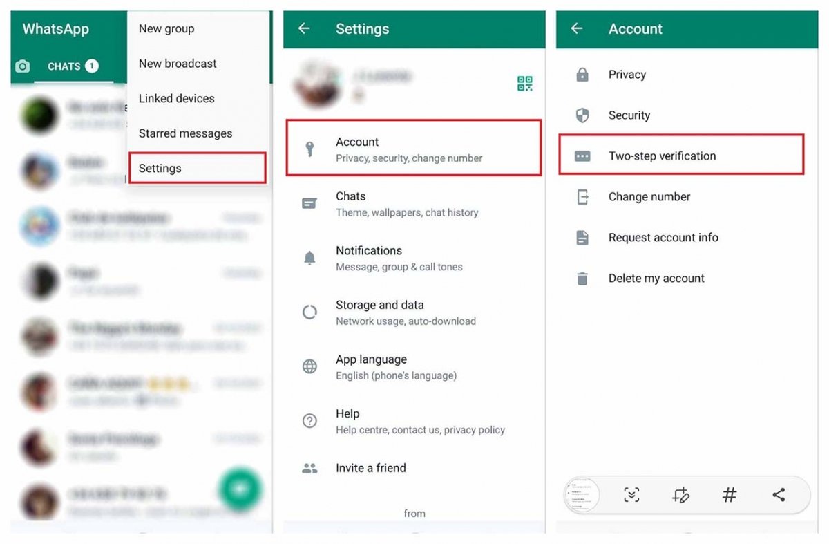 Steps to active two-step verification on WhatsApp