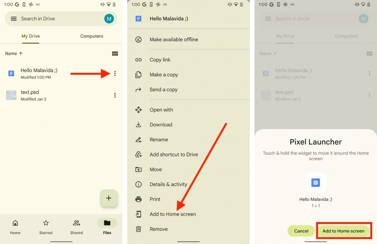 Steps to add a file to the home screen of Google Drive for Android