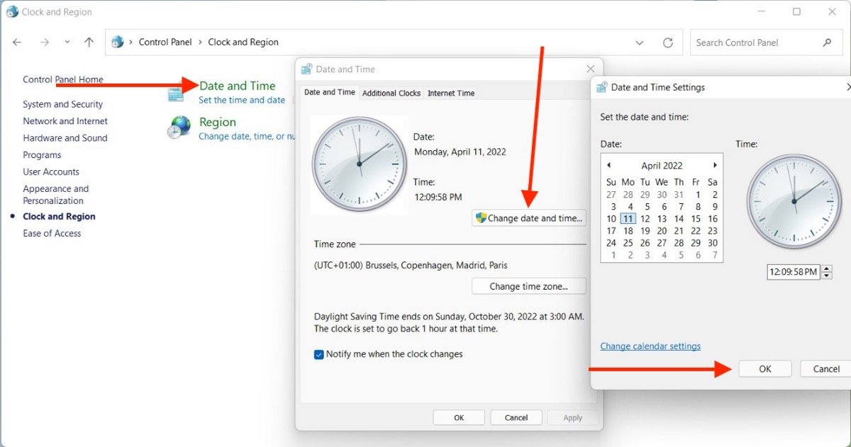 Steps to change the time and date on Windows 11 on the control panel