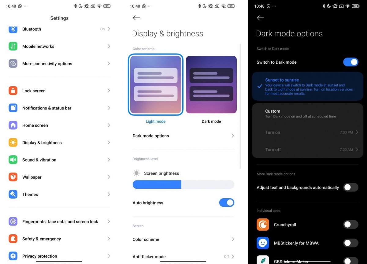Steps to configure the dark mode from Android's settings