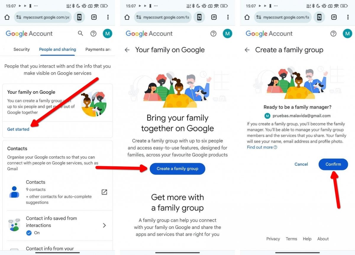 Etapas para criar o grupo familiar no Google