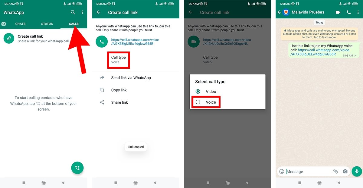 Steps to create an invite for a voice call on WhatsApp
