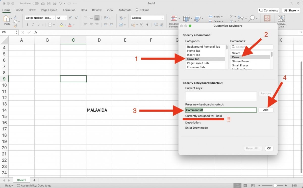 Steps to customize keyboard shortcuts for Excel on macOS