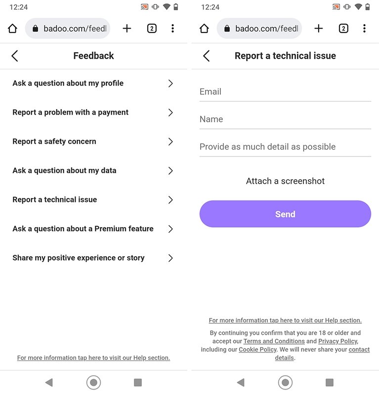 Etapas para entrar em contato com o suporte técnico do Badoo