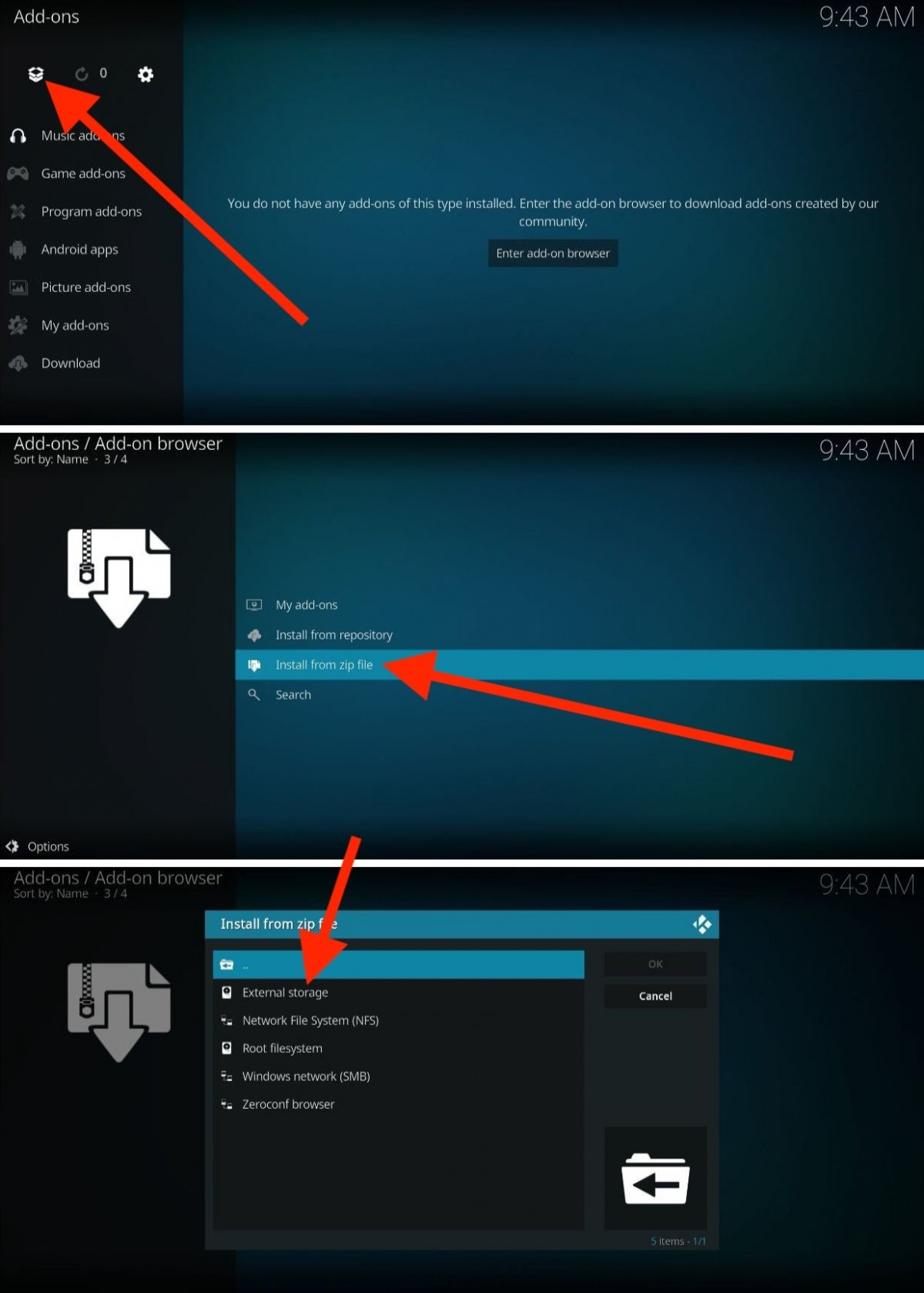 Steps to install a Kodi add-on from a ZIP file