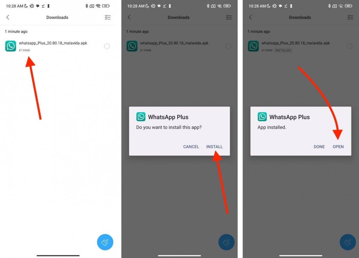 Steps to install WhatsApp Plus from an APK downloaded from Malavida