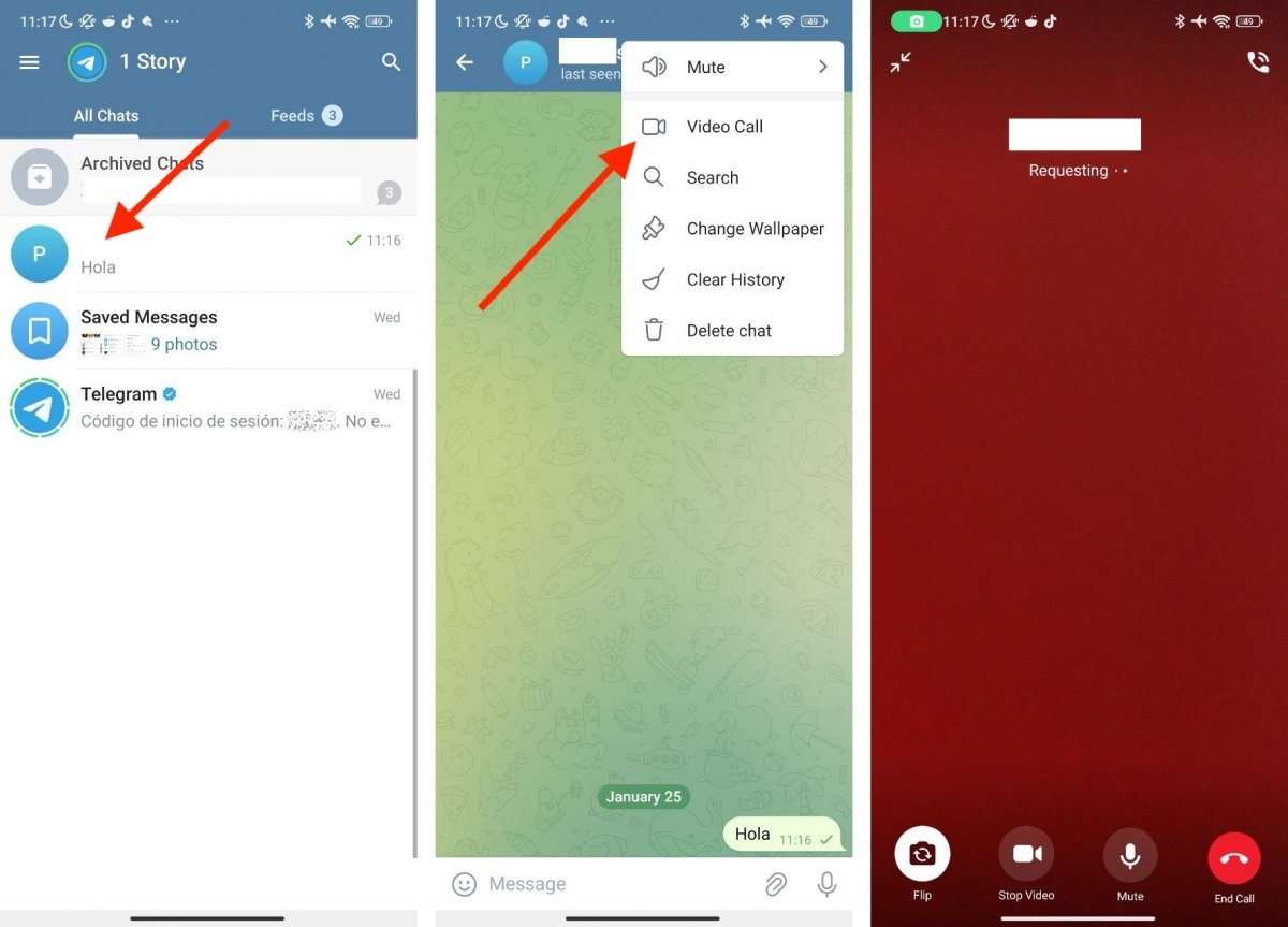 Steps to make a video call in Telegram