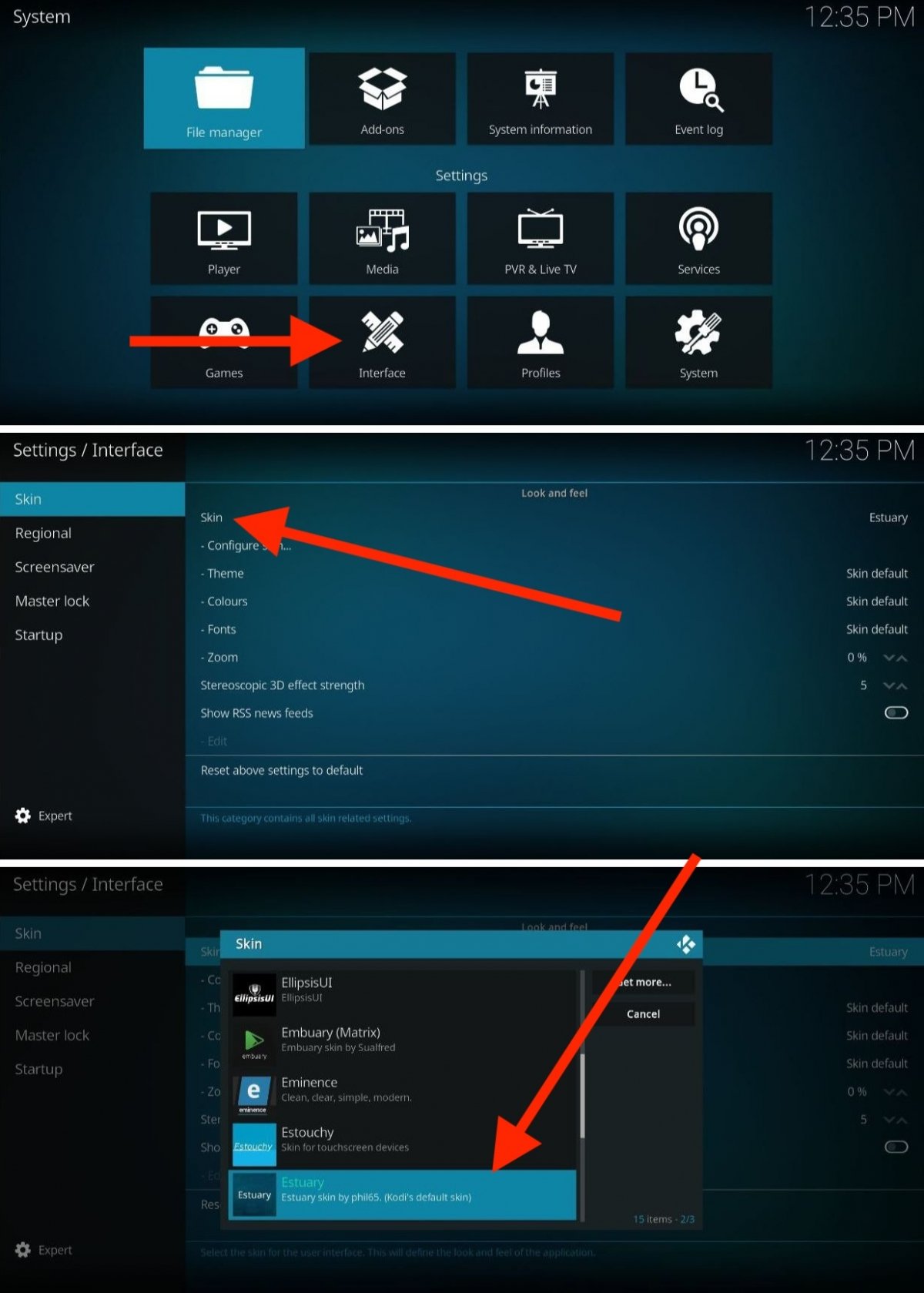 Steps to select a new skin in Kodi