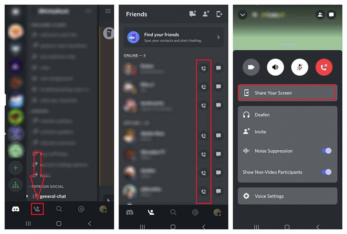 Steps to share our screen from the Discord app for Android