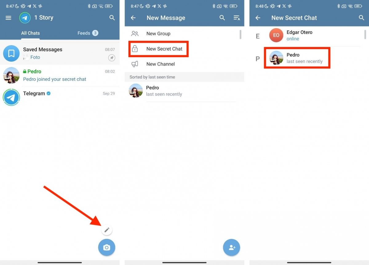 Passos para abrir um novo chat secreto no Telegram