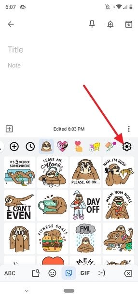 Pulsante delle impostazioni degli sticker in GBoard