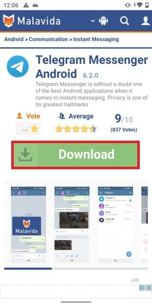 Page de téléchargement de Telegram dans Malavida