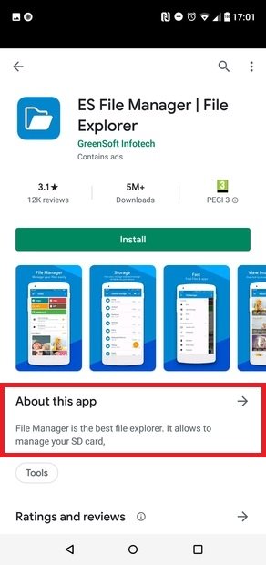 Sezione di informazioni dell'app