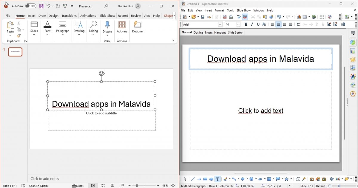 A aparência do Microsoft PowerPoint ao lado do OpenOffice Impress