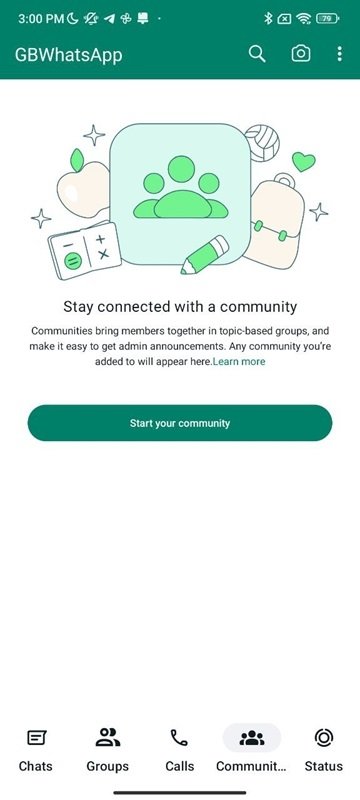 The Communities tab in GBWhatsApp