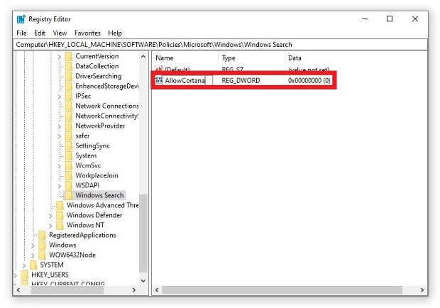 El nuevo registro debe llamarse AllowCortana