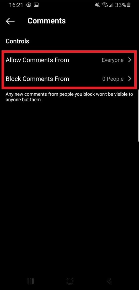 The two options regarding comments on your IG account