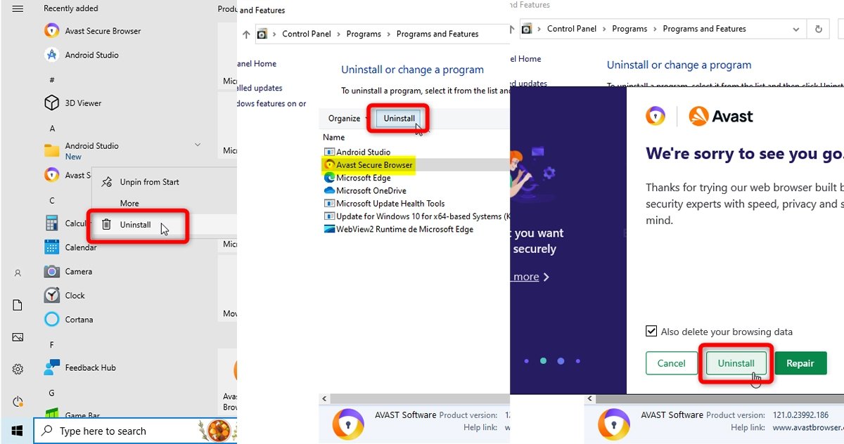These are the steps to uninstall Avast Secure Browser from the Start menu