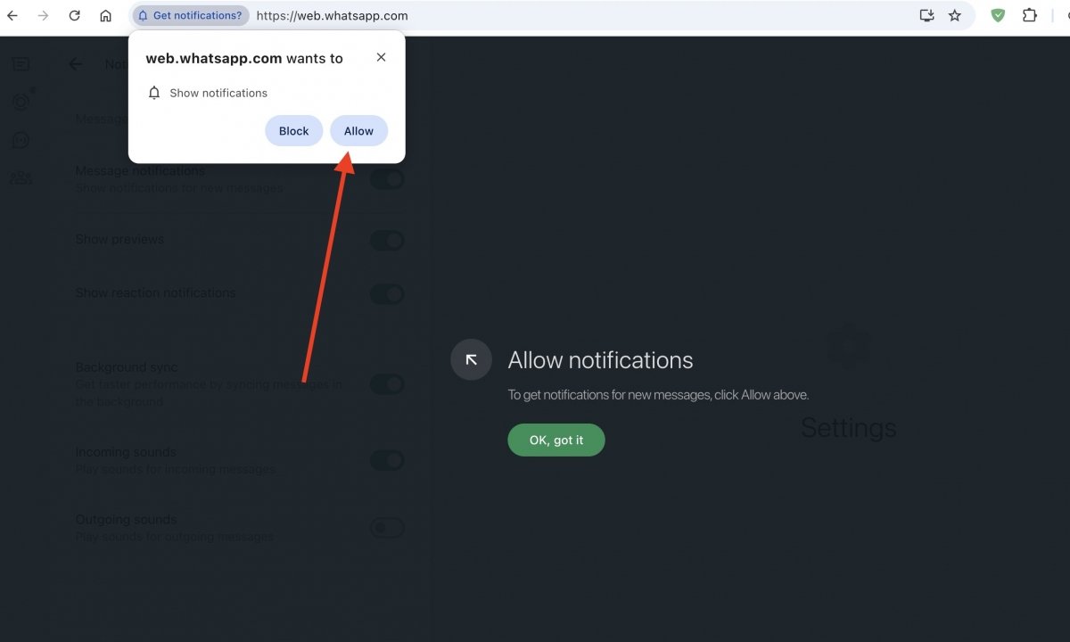 To enable notifications, you have to give permissions in the browser's settings