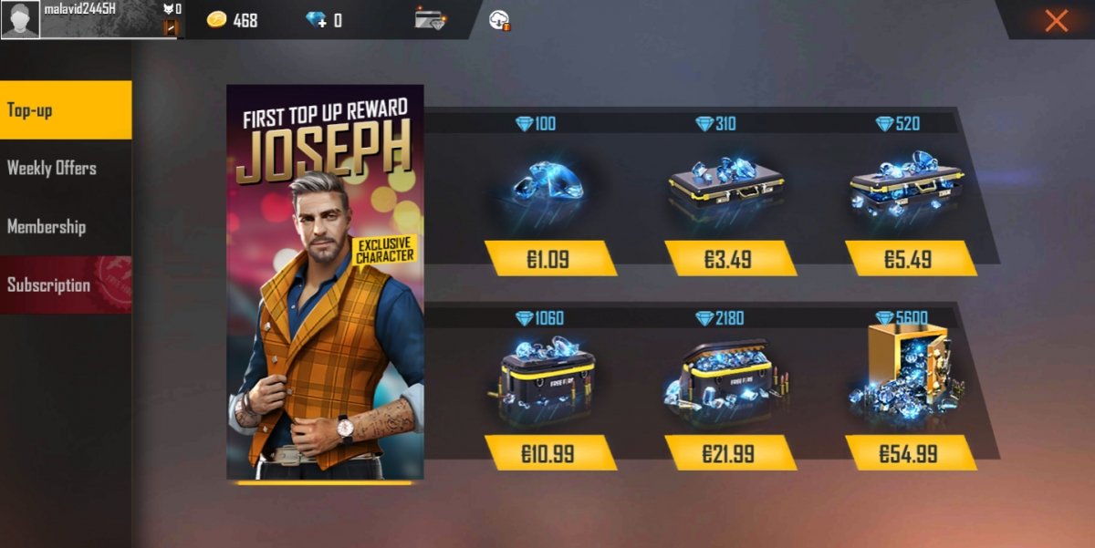 Top-Up menu to purchase diamonds