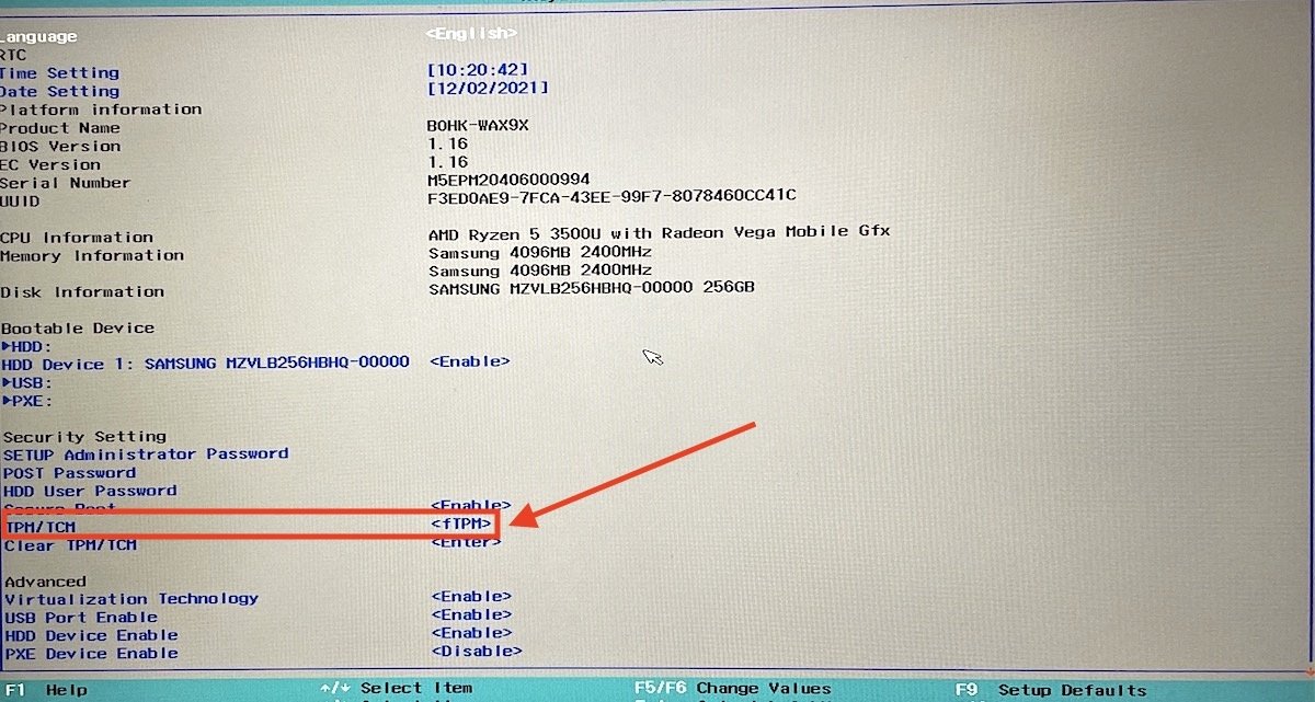 Ajustes del TPM