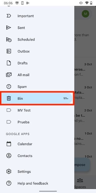 Papelera de Gmail en Android