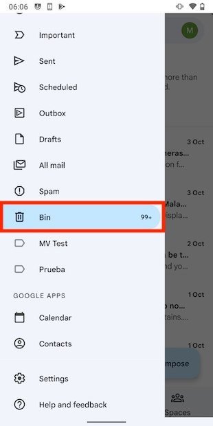 Trash in Gmail for Android