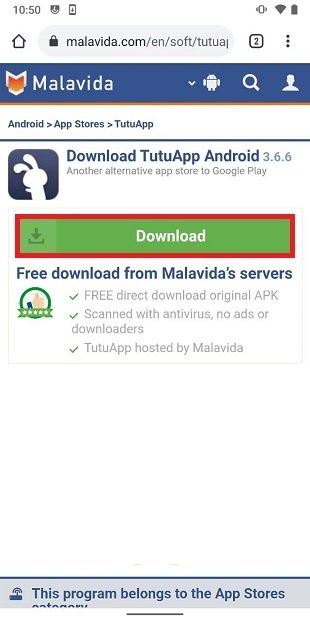 Onglet de téléchargement TutuApp sur Malavida