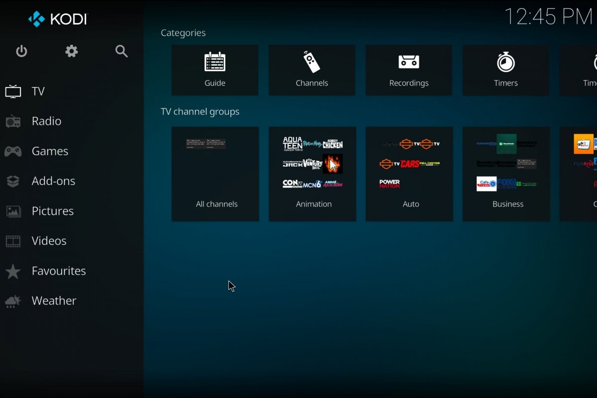 TV channels displayed on Kodi