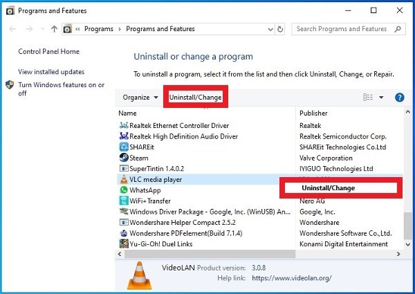 Two options to uninstall VLC