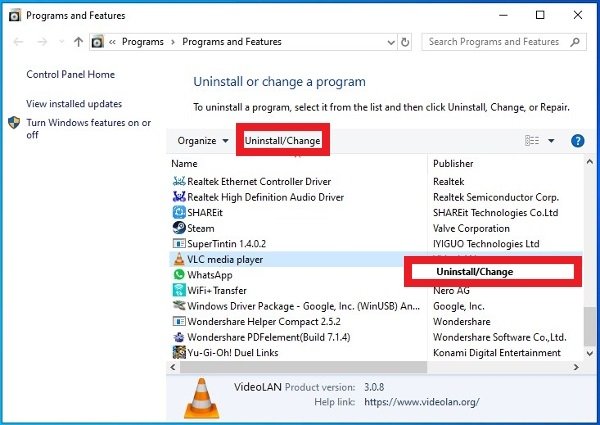 Due possibilità per disinstallare VLC