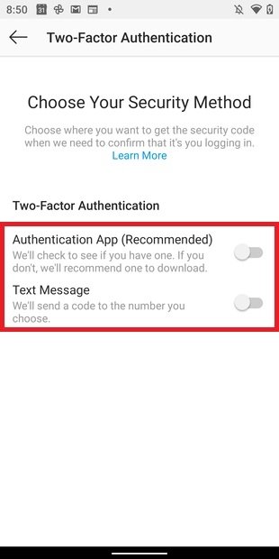Two-step verification options