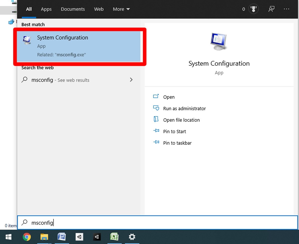 Digita msconfig e premi System Configuration