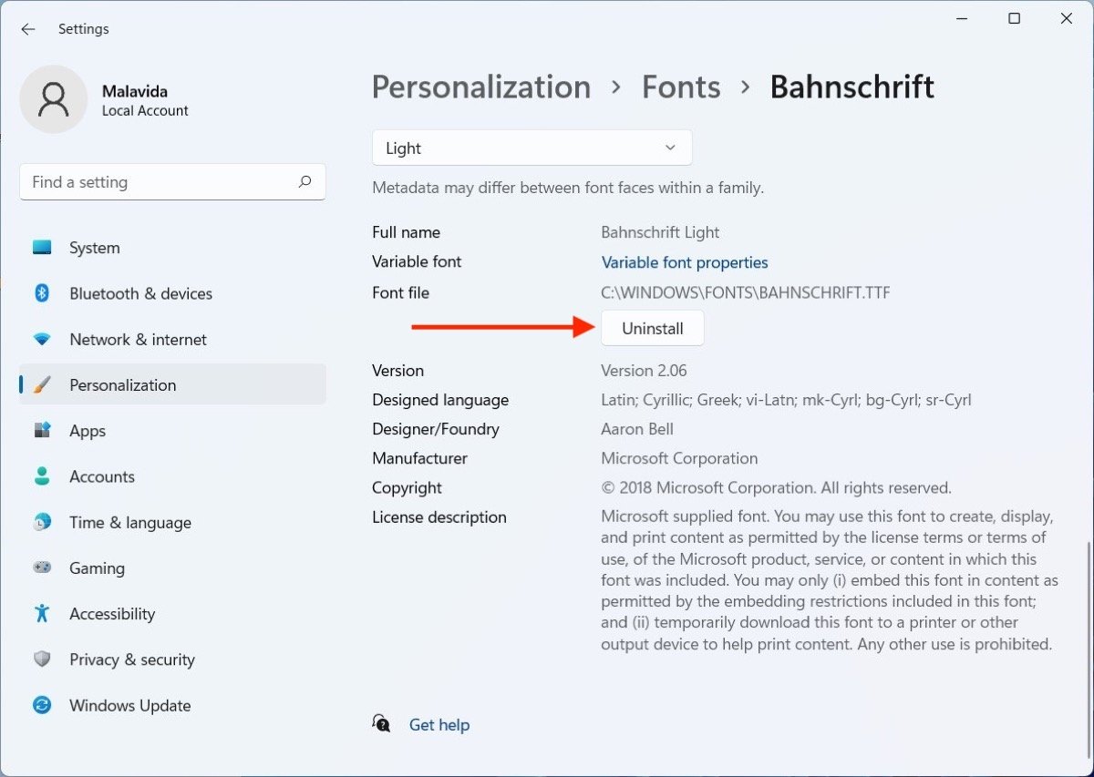 Disinstalla un font su Windows 11