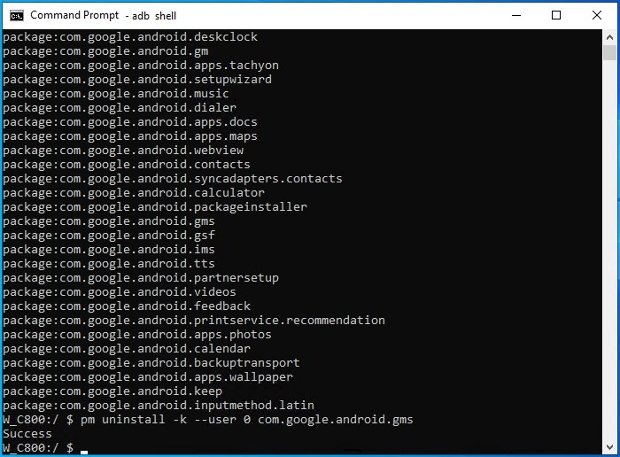 Uninstalling Google Play Services with ADB completed