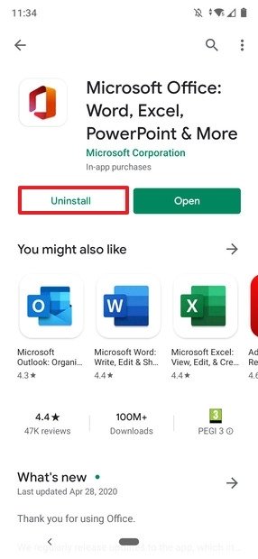 Uninstalling Office from Google Play