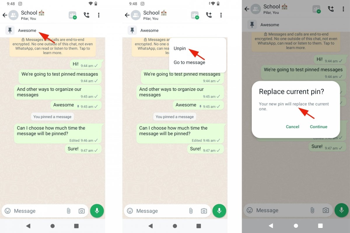 Unpining messages from WhatsApp chats