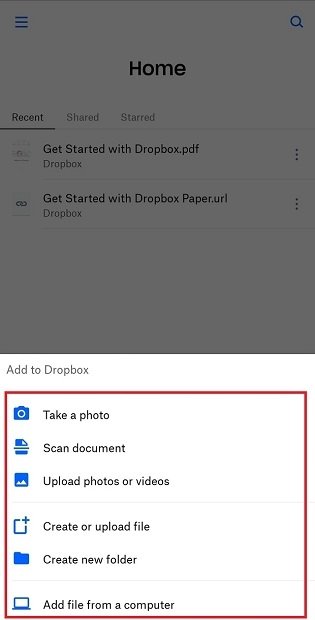 Options de transfert vers Dropbox