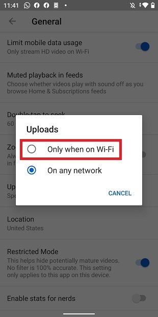 Subidas solo con Wi-Fi
