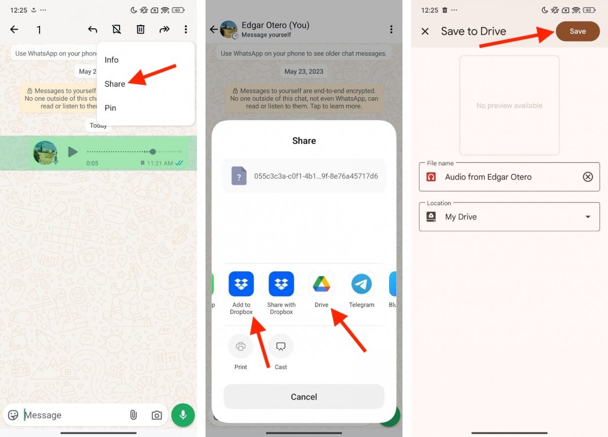 Using the Share menu to save a voice note on our phone or the cloud