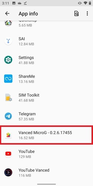 Vanced MicroG dans la liste des applications