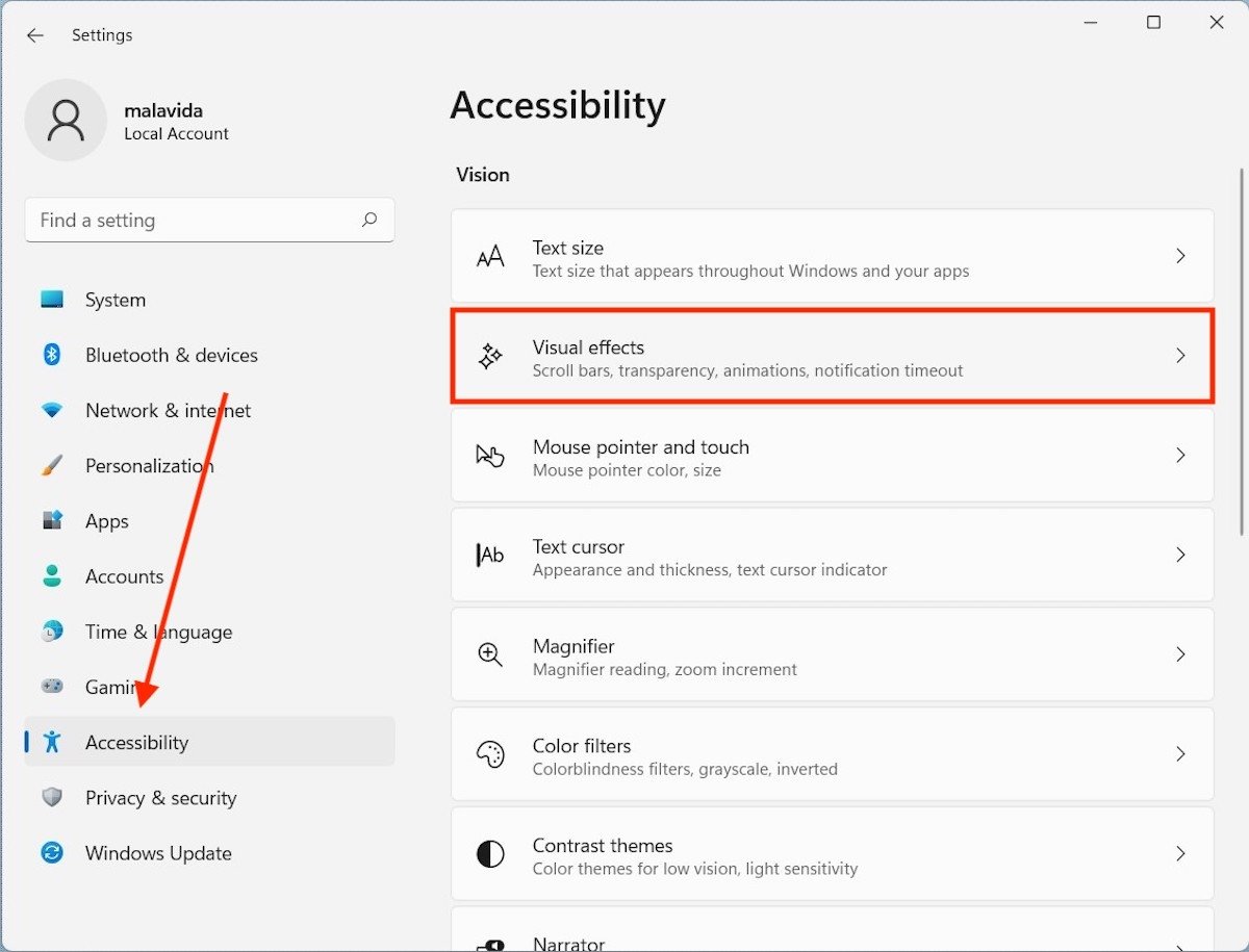 Configurações de efeitos visuais