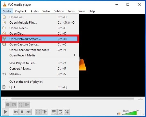 Opção do VLC para abrir um streaming online